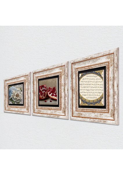 Hilye-i Şerif, Kelebekli Çiçek, Nar Taş Duvar Tablosu Çerçeveli Duvar Dekoru 3 Parça Tablo Seti Wall Art T3-1136