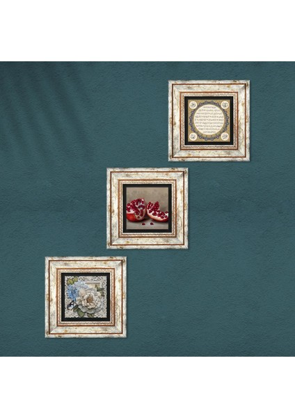 Hilye-i Şerif, Kelebekli Çiçek, Nar Taş Duvar Tablosu Çerçeveli Duvar Dekoru 3 Parça Tablo Seti Wall Art T3-1136