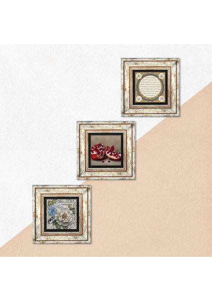 Hilye-i Şerif, Kelebekli Çiçek, Nar Taş Duvar Tablosu Çerçeveli Duvar Dekoru 3 Parça Tablo Seti Wall Art T3-1136