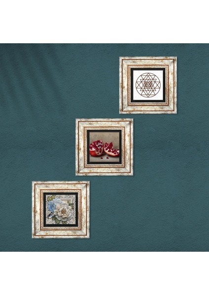 Sri Yantra, Kelebekli Çiçek, Nar Taş Duvar Tablosu Çerçeveli Duvar Dekoru 3 Parça Tablo Seti Wall Art T3-1161