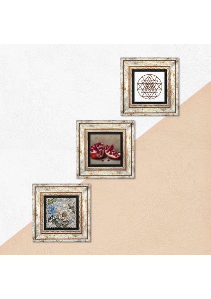 Sri Yantra, Kelebekli Çiçek, Nar Taş Duvar Tablosu Çerçeveli Duvar Dekoru 3 Parça Tablo Seti Wall Art T3-1161