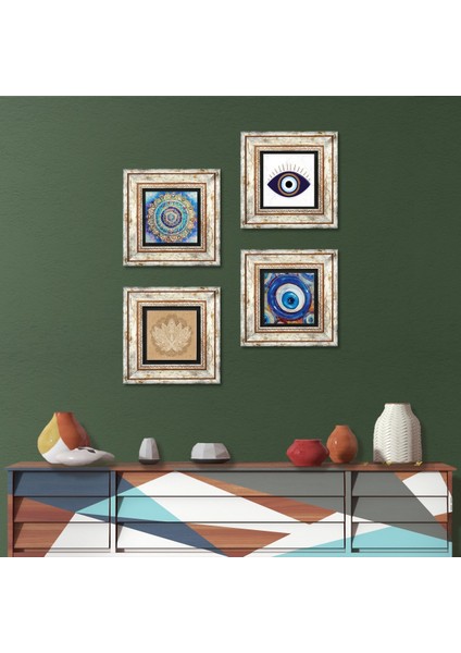 Stone Nazar, Mandala, Lotus Çiçeği Çerçeveli Taş Duvar Tablosu 4’lü Set - Dekoratif Modern Sanat, Ev ve Ofis Dekoru |TK4-1623|
