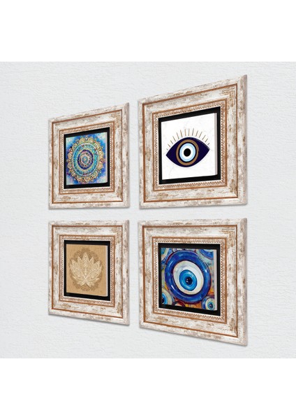 Stone Nazar, Mandala, Lotus Çiçeği Çerçeveli Taş Duvar Tablosu 4’lü Set - Dekoratif Modern Sanat, Ev ve Ofis Dekoru |TK4-1623| fiyatları