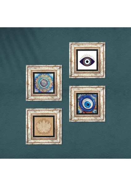 Stone Nazar, Mandala, Lotus Çiçeği Çerçeveli Taş Duvar Tablosu 4’lü Set - Dekoratif Modern Sanat, Ev ve Ofis Dekoru |TK4-1623| fırsatları