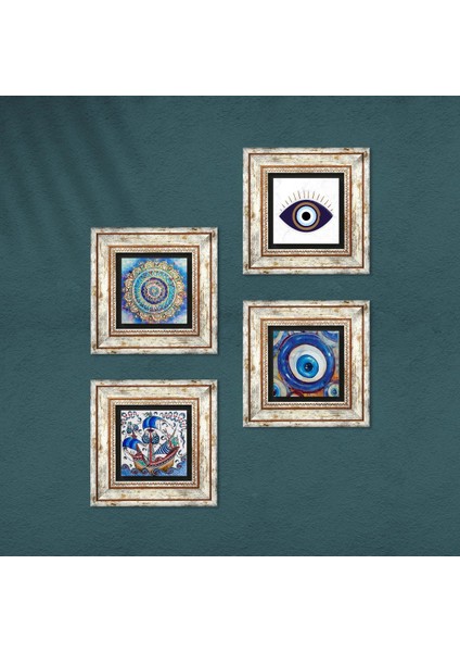 Nazar, Mandala, Çini Sanatı Yelkenli Gemi Taş Duvar Tablosu Çerçeveli Duvar Dekoru 4 Parça Tablo Seti Wall Art T4-1624