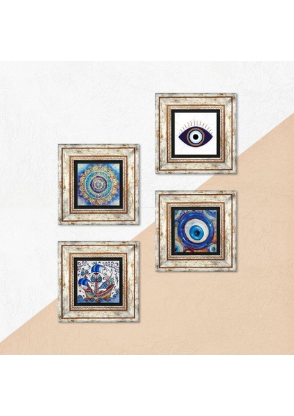 Nazar, Mandala, Çini Sanatı Yelkenli Gemi Taş Duvar Tablosu Çerçeveli Duvar Dekoru 4 Parça Tablo Seti Wall Art T4-1624