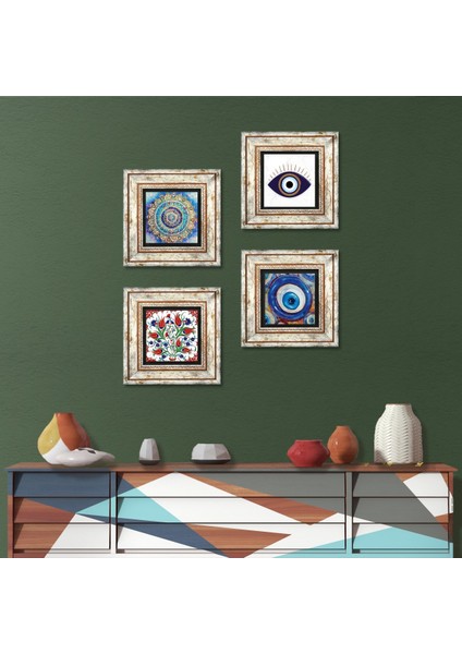 Stone Nazar, Mandala, Lale Çerçeveli Taş Duvar Tablosu 4’lü Set - Dekoratif Modern Sanat, Ev ve Ofis Dekoru |TK4-1627|