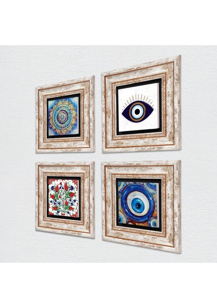 Stone Nazar, Mandala, Lale Çerçeveli Taş Duvar Tablosu 4’lü Set - Dekoratif Modern Sanat, Ev ve Ofis Dekoru |TK4-1627| fiyatları