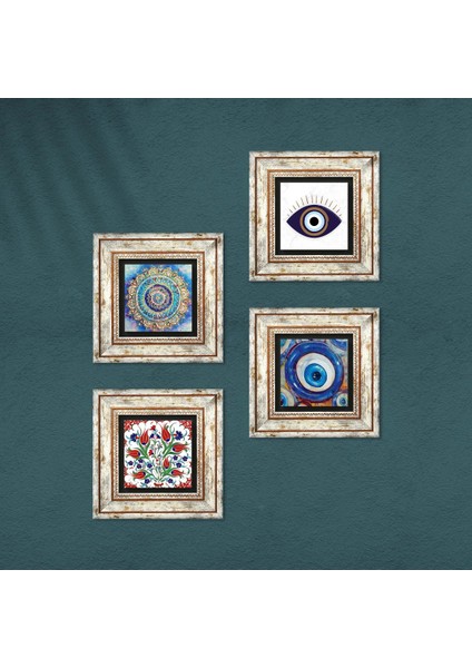 Stone Nazar, Mandala, Lale Çerçeveli Taş Duvar Tablosu 4’lü Set - Dekoratif Modern Sanat, Ev ve Ofis Dekoru |TK4-1627| fırsatları