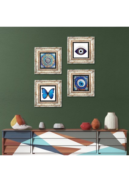 Nazar, Mandala, Kelebek Taş Duvar Tablosu Çerçeveli Duvar Dekoru 4 Parça Tablo Seti Wall Art T4-1642