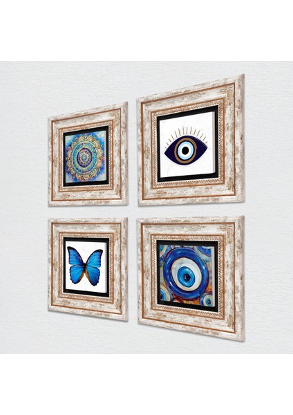 Nazar, Mandala, Kelebek Taş Duvar Tablosu Çerçeveli Duvar Dekoru 4 Parça Tablo Seti Wall Art T4-1642