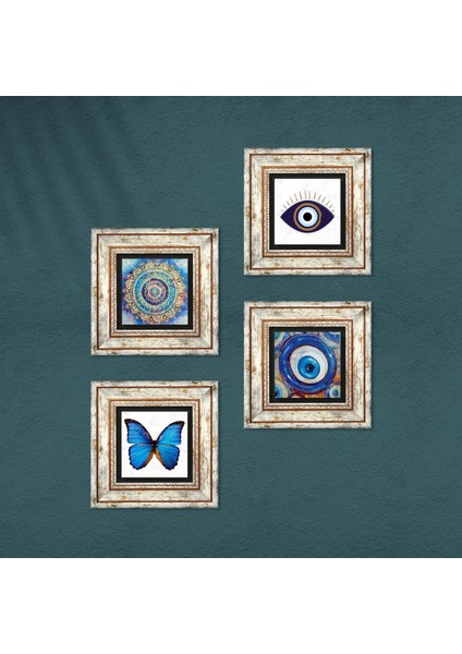 Nazar, Mandala, Kelebek Taş Duvar Tablosu Çerçeveli Duvar Dekoru 4 Parça Tablo Seti Wall Art T4-1642