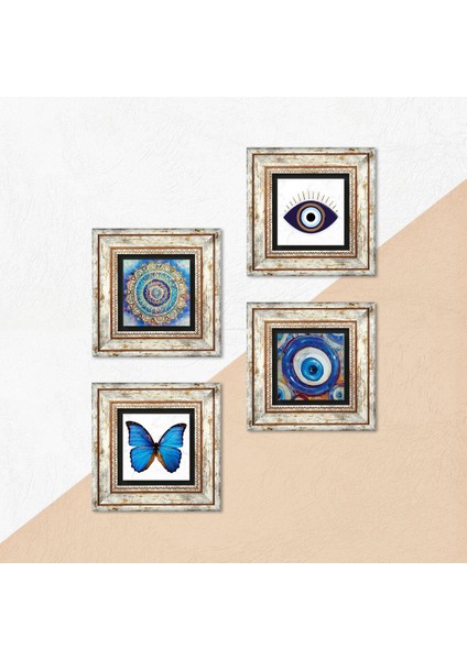 Nazar, Mandala, Kelebek Taş Duvar Tablosu Çerçeveli Duvar Dekoru 4 Parça Tablo Seti Wall Art T4-1642