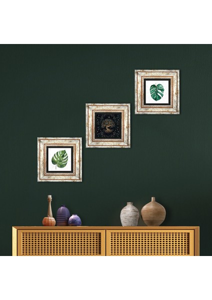 Yaprak, Hayat Ağacı Çerçeveli Taş Duvar Tablosu 3’lü Set - Dekoratif Modern Sanat, Ev ve Ofis Dekoru |TK3-422|