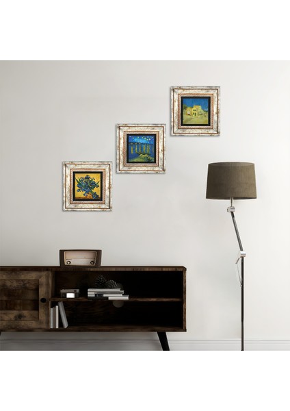 Van Gogh Sarı Ev, Ren Nehri’nde Yıldızlı Bir Gece, Süsenler Taş Duvar Tablosu Çerçeveli Duvar Dekoru 3 Parça Tablo Seti Wall Art T3-518