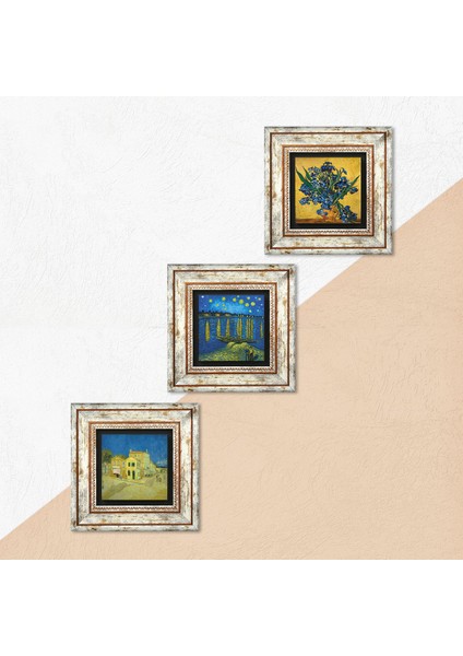 Van Gogh Sarı Ev, Ren Nehri’nde Yıldızlı Bir Gece, Süsenler Taş Duvar Tablosu Çerçeveli Duvar Dekoru 3 Parça Tablo Seti Wall Art T3-518