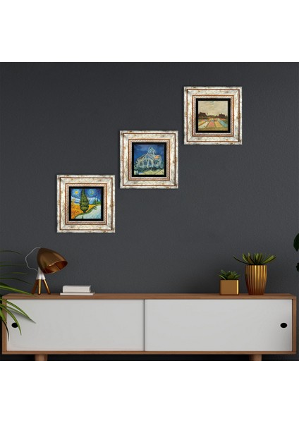 Van Gogh Çerçeveli Taş Duvar Tablosu 3’lü Set - Dekoratif Modern Sanat, Ev ve Ofis Dekoru |TK3-533|