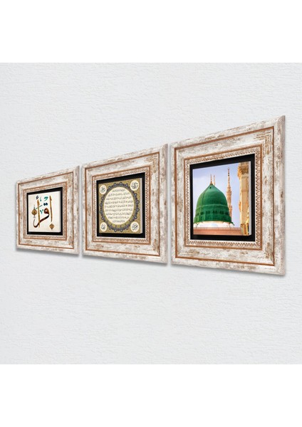 İlk Ayet 'Oku', Ravza-i Mutahhara, Hilye-i Şerif Taş Duvar Tablosu Çerçeveli Duvar Dekoru 3 Parça Tablo Seti Wall Art T3-54