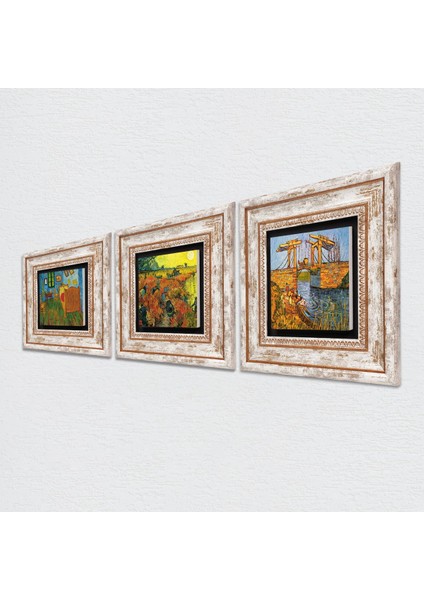 Van Gogh Taş Duvar Tablosu Çerçeveli Duvar Dekoru 3 Parça Tablo Seti Wall Art T3-543