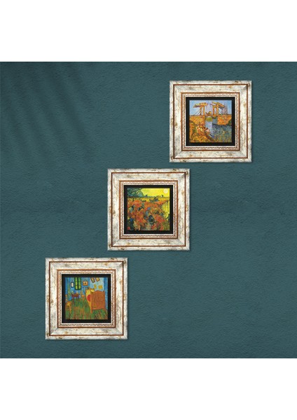 Van Gogh Taş Duvar Tablosu Çerçeveli Duvar Dekoru 3 Parça Tablo Seti Wall Art T3-543