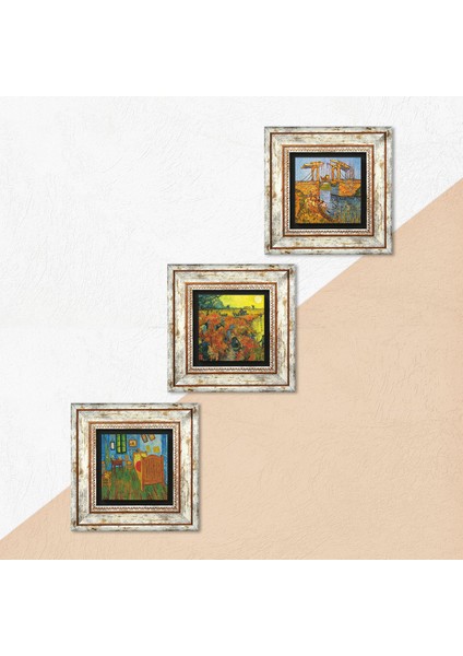 Van Gogh Taş Duvar Tablosu Çerçeveli Duvar Dekoru 3 Parça Tablo Seti Wall Art T3-543