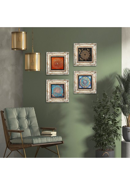Stone Mandala, Yaşam Çiçeği, Sri Yantra Çerçeveli Taş Duvar Tablosu 4’lü Set - Dekoratif Modern Sanat, Ev ve Ofis Dekoru |TK4-55|
