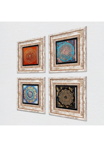 Stone Mandala, Yaşam Çiçeği, Sri Yantra Çerçeveli Taş Duvar Tablosu 4’lü Set - Dekoratif Modern Sanat, Ev ve Ofis Dekoru |TK4-55| fiyatları