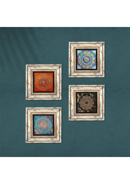 Stone Mandala, Yaşam Çiçeği, Sri Yantra Çerçeveli Taş Duvar Tablosu 4’lü Set - Dekoratif Modern Sanat, Ev ve Ofis Dekoru |TK4-55| fırsatları