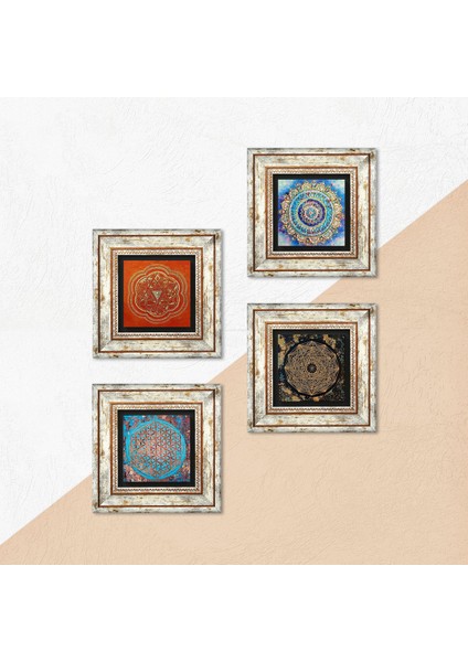 Stone Mandala, Yaşam Çiçeği, Sri Yantra Çerçeveli Taş Duvar Tablosu 4’lü Set - Dekoratif Modern Sanat, Ev ve Ofis Dekoru |TK4-55| indirimleri