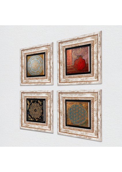 Yaşam Çiçeği, Sri Yantra, Nar Taş Duvar Tablosu Çerçeveli Duvar Dekoru 4 Parça Tablo Seti Wall Art T4-555 fiyatları