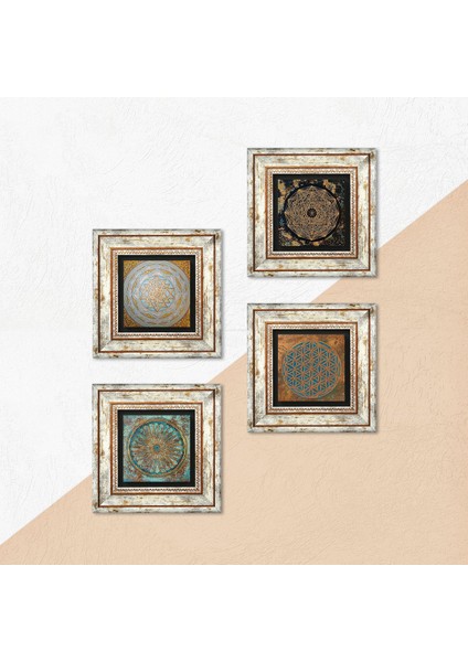 Stone Yaşam Çiçeği, Sri Yantra Çerçeveli Taş Duvar Tablosu 4’lü Set - Dekoratif Modern Sanat, Ev ve Ofis Dekoru |TK4-567| indirimleri