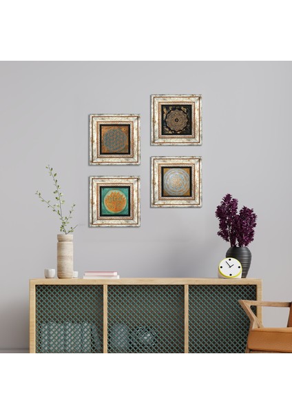 Yaşam Çiçeği, Lotus Çiçeği, Sri Yantra Çerçeveli Taş Duvar Tablosu 4’lü Set - Dekoratif Modern Sanat, Ev ve Ofis Dekoru |TK4-569|