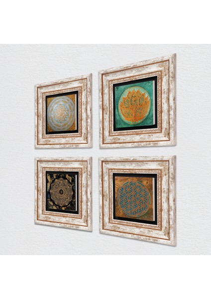 Yaşam Çiçeği, Lotus Çiçeği, Sri Yantra Çerçeveli Taş Duvar Tablosu 4’lü Set - Dekoratif Modern Sanat, Ev ve Ofis Dekoru |TK4-569| fiyatları