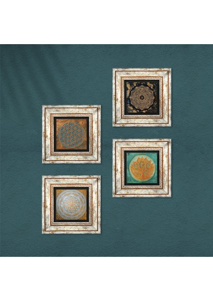 Yaşam Çiçeği, Lotus Çiçeği, Sri Yantra Çerçeveli Taş Duvar Tablosu 4’lü Set - Dekoratif Modern Sanat, Ev ve Ofis Dekoru |TK4-569| fırsatları