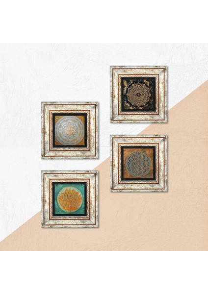 Yaşam Çiçeği, Lotus Çiçeği, Sri Yantra Çerçeveli Taş Duvar Tablosu 4’lü Set - Dekoratif Modern Sanat, Ev ve Ofis Dekoru |TK4-569| indirimleri