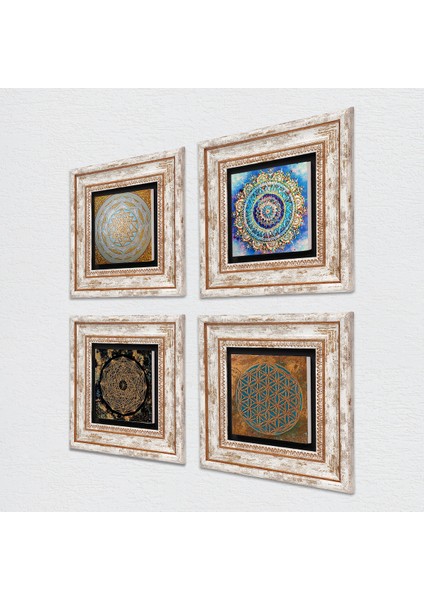 Yaşam Çiçeği, Mandala, Sri Yantra Çerçeveli Taş Duvar Tablosu 4’lü Set - Dekoratif Modern Sanat, Ev ve Ofis Dekoru |TK4-581| fiyatları