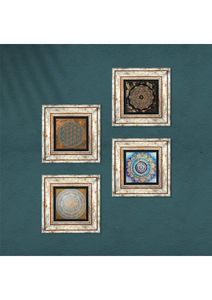 Yaşam Çiçeği, Mandala, Sri Yantra Çerçeveli Taş Duvar Tablosu 4’lü Set - Dekoratif Modern Sanat, Ev ve Ofis Dekoru |TK4-581| fırsatları