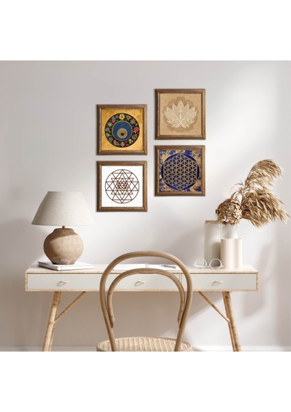Stone Lotus Çiçeği, Sri Yantra, Yaşam Çiçeği, Nazar Ahşap Çerçeveli Taş Duvar Tablosu 4’lü Set – 25x25 cm Dekoratif Modern Sanat – Ev ve Ofis Dekoru |W4-805|