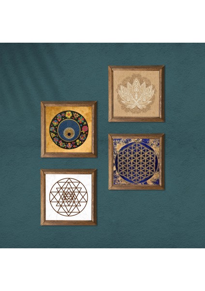 Stone Lotus Çiçeği, Sri Yantra, Yaşam Çiçeği, Nazar Ahşap Çerçeveli Taş Duvar Tablosu 4’lü Set – 25x25 cm Dekoratif Modern Sanat – Ev ve Ofis Dekoru |W4-805| modelleri