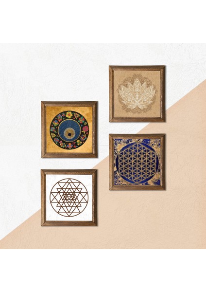 Stone Lotus Çiçeği, Sri Yantra, Yaşam Çiçeği, Nazar Ahşap Çerçeveli Taş Duvar Tablosu 4’lü Set – 25x25 cm Dekoratif Modern Sanat – Ev ve Ofis Dekoru |W4-805| indirimleri