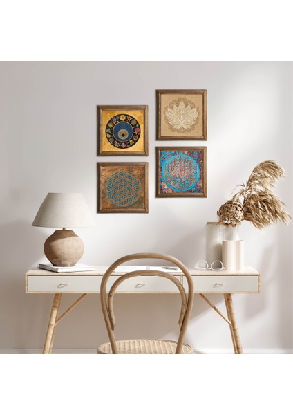 Stone Yaşam Çiçeği, Lotus Çiçeği, Nazar Ahşap Çerçeveli Taş Duvar Tablosu 4’lü Set – 25x25 cm Dekoratif Modern Sanat – Ev ve Ofis Dekoru |W4-823|