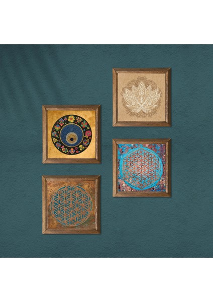 Stone Yaşam Çiçeği, Lotus Çiçeği, Nazar Ahşap Çerçeveli Taş Duvar Tablosu 4’lü Set – 25x25 cm Dekoratif Modern Sanat – Ev ve Ofis Dekoru |W4-823| modelleri