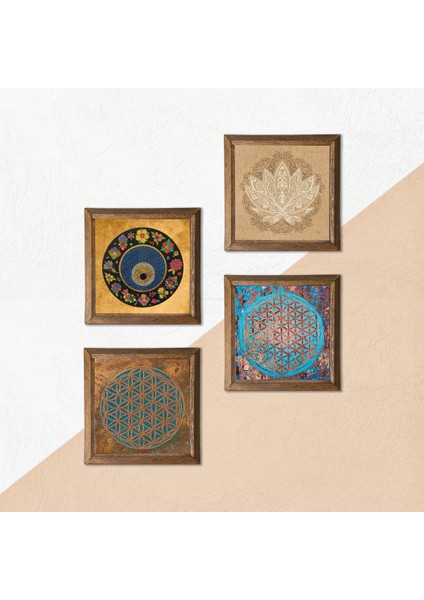 Stone Yaşam Çiçeği, Lotus Çiçeği, Nazar Ahşap Çerçeveli Taş Duvar Tablosu 4’lü Set – 25x25 cm Dekoratif Modern Sanat – Ev ve Ofis Dekoru |W4-823| indirimleri