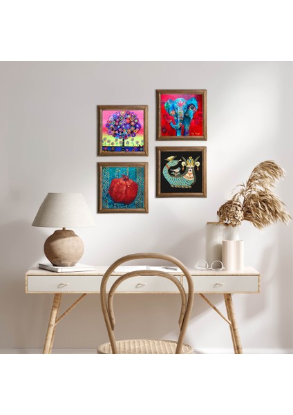 Stone Fil, Hayat Ağacı, Şahmeran, Nar Ahşap Çerçeveli Taş Duvar Tablosu 4’lü Set – 25x25 cm Dekoratif Modern Sanat – Ev ve Ofis Dekoru |W4-856|