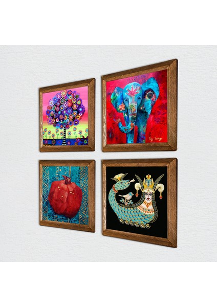 Stone Fil, Hayat Ağacı, Şahmeran, Nar Ahşap Çerçeveli Taş Duvar Tablosu 4’lü Set – 25x25 cm Dekoratif Modern Sanat – Ev ve Ofis Dekoru |W4-856| fiyatları
