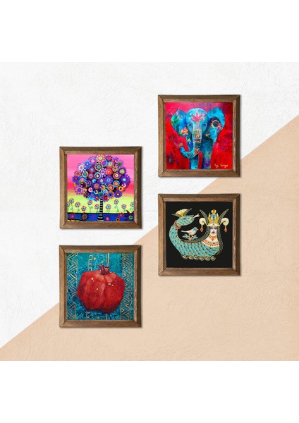Stone Fil, Hayat Ağacı, Şahmeran, Nar Ahşap Çerçeveli Taş Duvar Tablosu 4’lü Set – 25x25 cm Dekoratif Modern Sanat – Ev ve Ofis Dekoru |W4-856| indirimleri