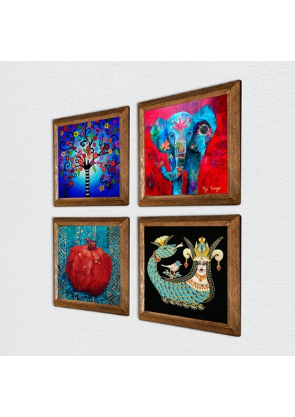 Stone Fil, Hayat Ağacı, Şahmeran, Nar Ahşap Çerçeveli Taş Duvar Tablosu 4’lü Set – 25x25 cm Dekoratif Modern Sanat – Ev ve Ofis Dekoru |W4-857| fiyatları