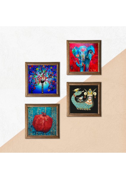 Stone Fil, Hayat Ağacı, Şahmeran, Nar Ahşap Çerçeveli Taş Duvar Tablosu 4’lü Set – 25x25 cm Dekoratif Modern Sanat – Ev ve Ofis Dekoru |W4-857| indirimleri