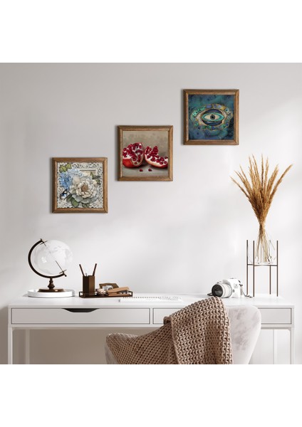 Nazar, Kelebekli Çiçek, Nar Taş Duvar Tablosu Ahşap Çerçeveli Duvar Dekoru 3 Parça Tablo Seti Wall Art W3-1175