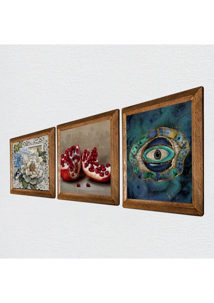 Nazar, Kelebekli Çiçek, Nar Taş Duvar Tablosu Ahşap Çerçeveli Duvar Dekoru 3 Parça Tablo Seti Wall Art W3-1175 fiyatları